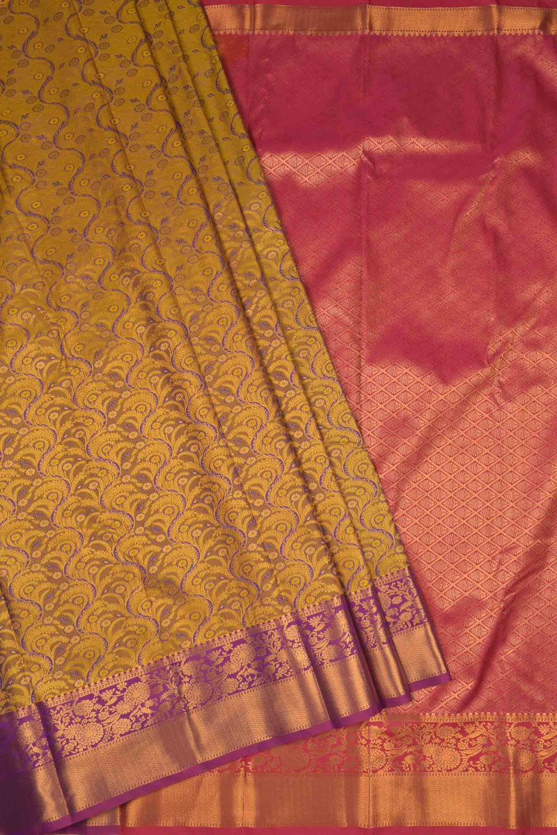 Mustard With Violet Semi Silk Waves Design Contrast Border Saree