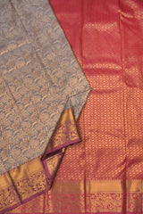 Dark Grey With Gold Semi Silk Lotus Tissue Design Maroon Border Saree