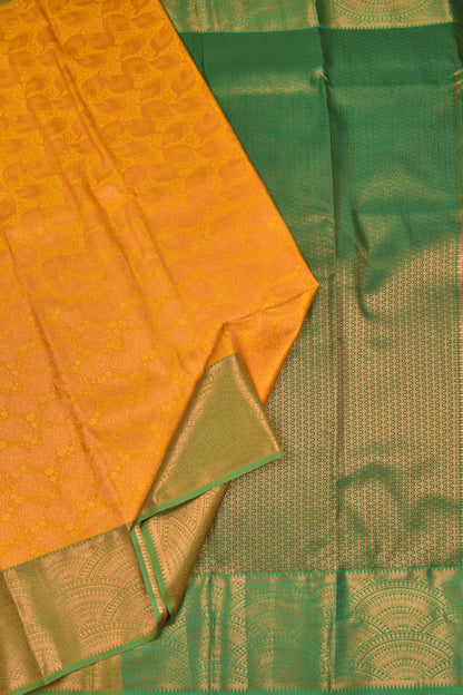 Golden Yellow Semi Silk All Over Leaves Design Fancy Green Border Saree