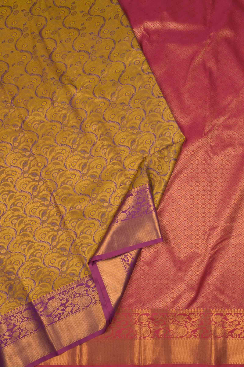 Mustard With Violet Semi Silk Waves Design Contrast Border Saree