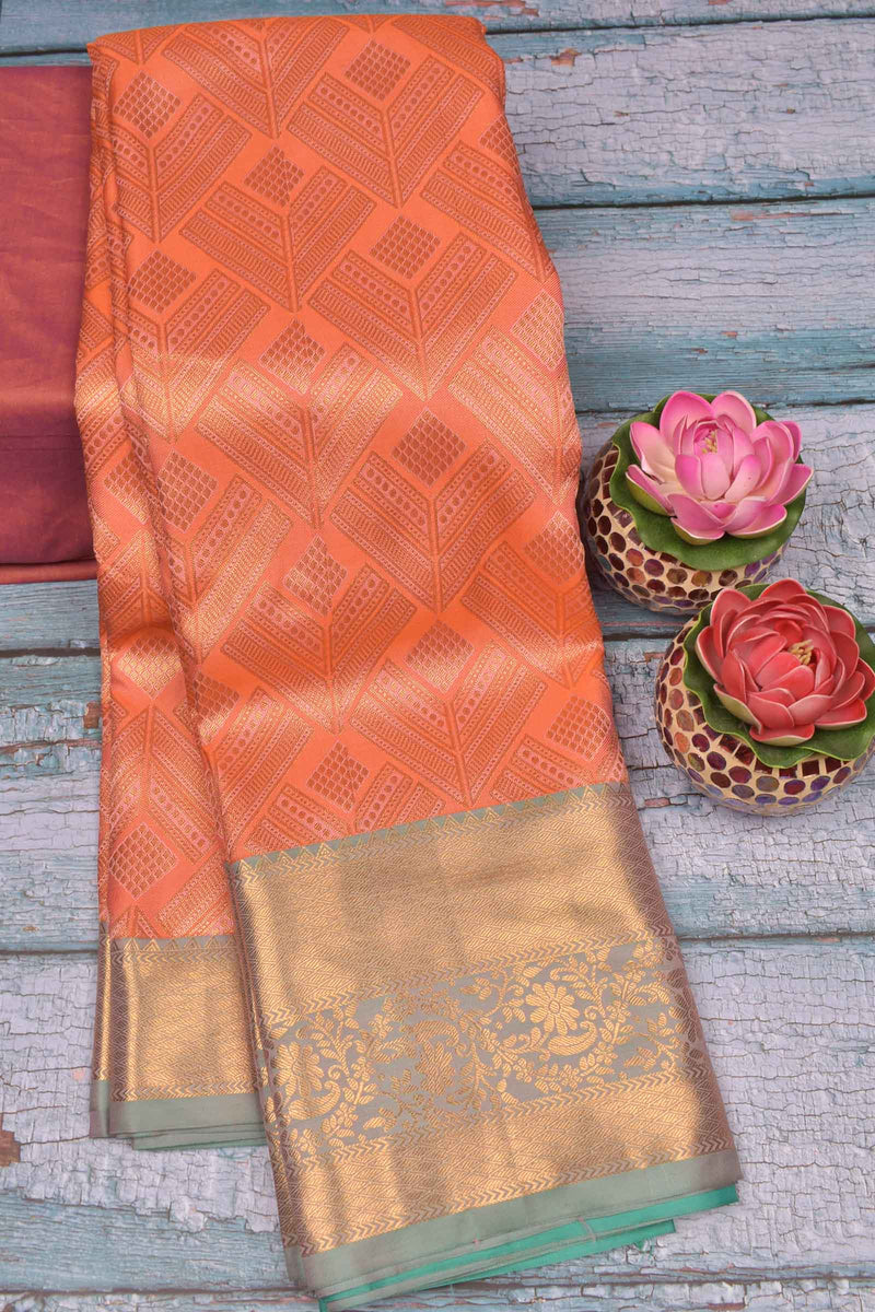 Peach Orange Semi Tissue Silk Fancy Design Contrast Pallu Saree