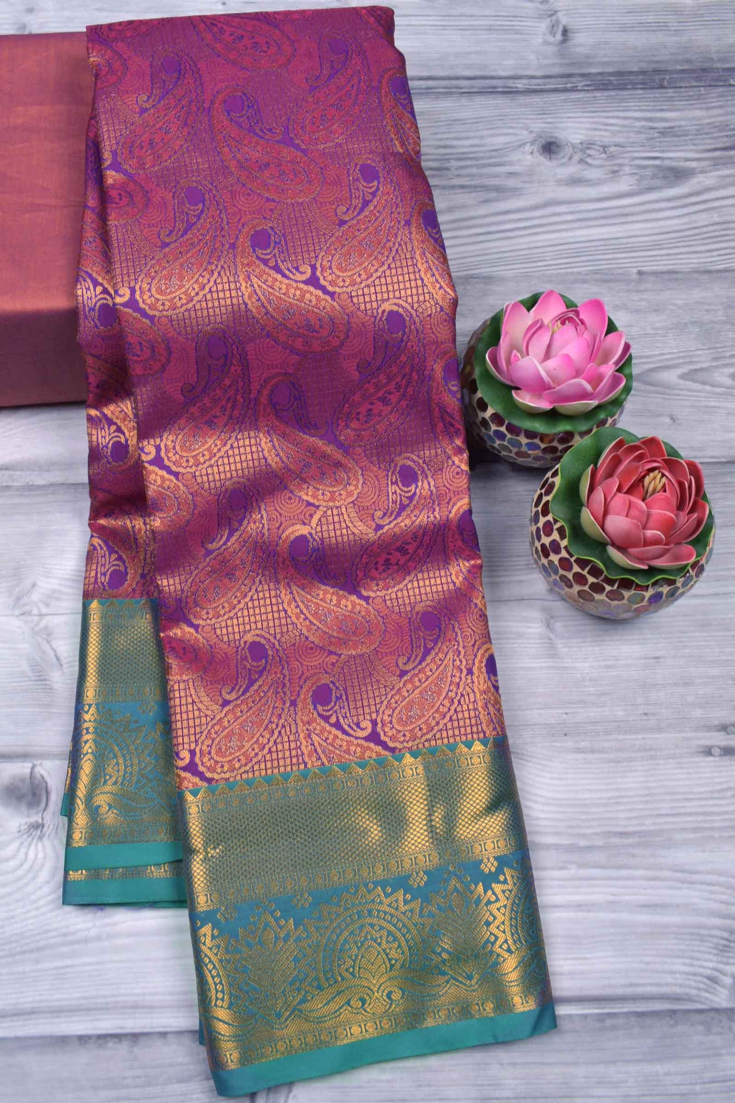 Violet Semi Silk All Over Paisely Butta Contrast Border Saree