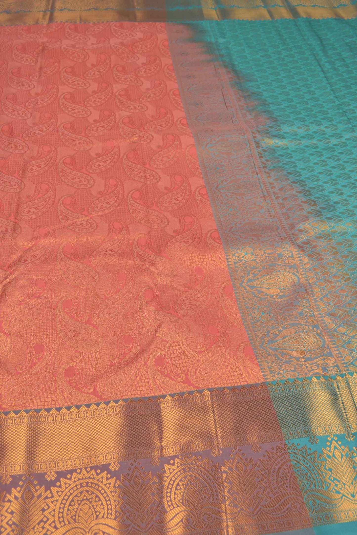 Golden Peach Semi Silk Paisely Butta Contrast Border Saree