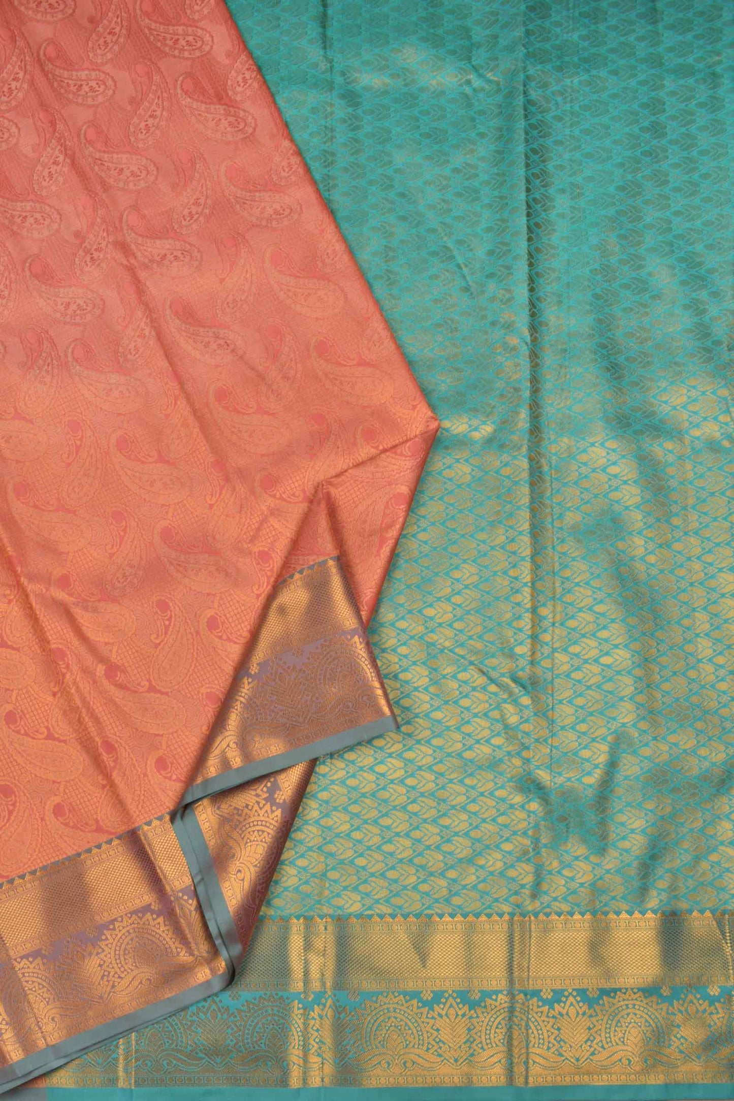 Golden Peach Semi Silk Paisely Butta Contrast Border Saree