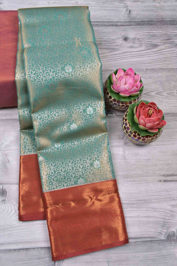 Light Green With Blue Shade Semi Silk Fancy Jacquard Contrast Maroon Border Tissue Saree