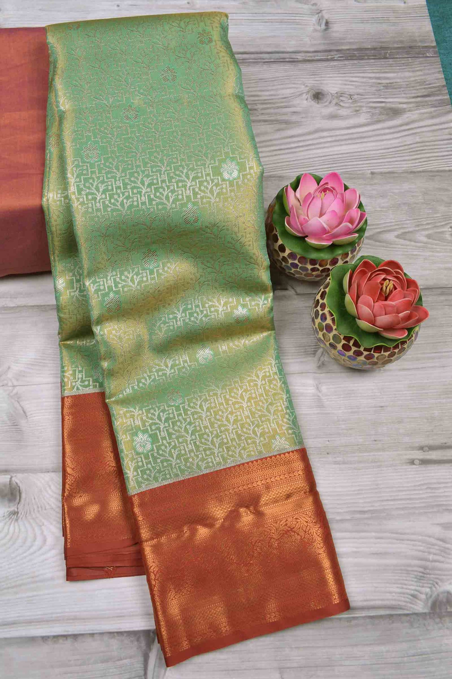 Light Green With Silver Semi Silk Fancy Jacquard Contrast Maroon Border Tissue Saree