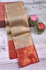 Peach With Silver Semi Silk Fancy Design Contrast Maroon Border Tissue Saree