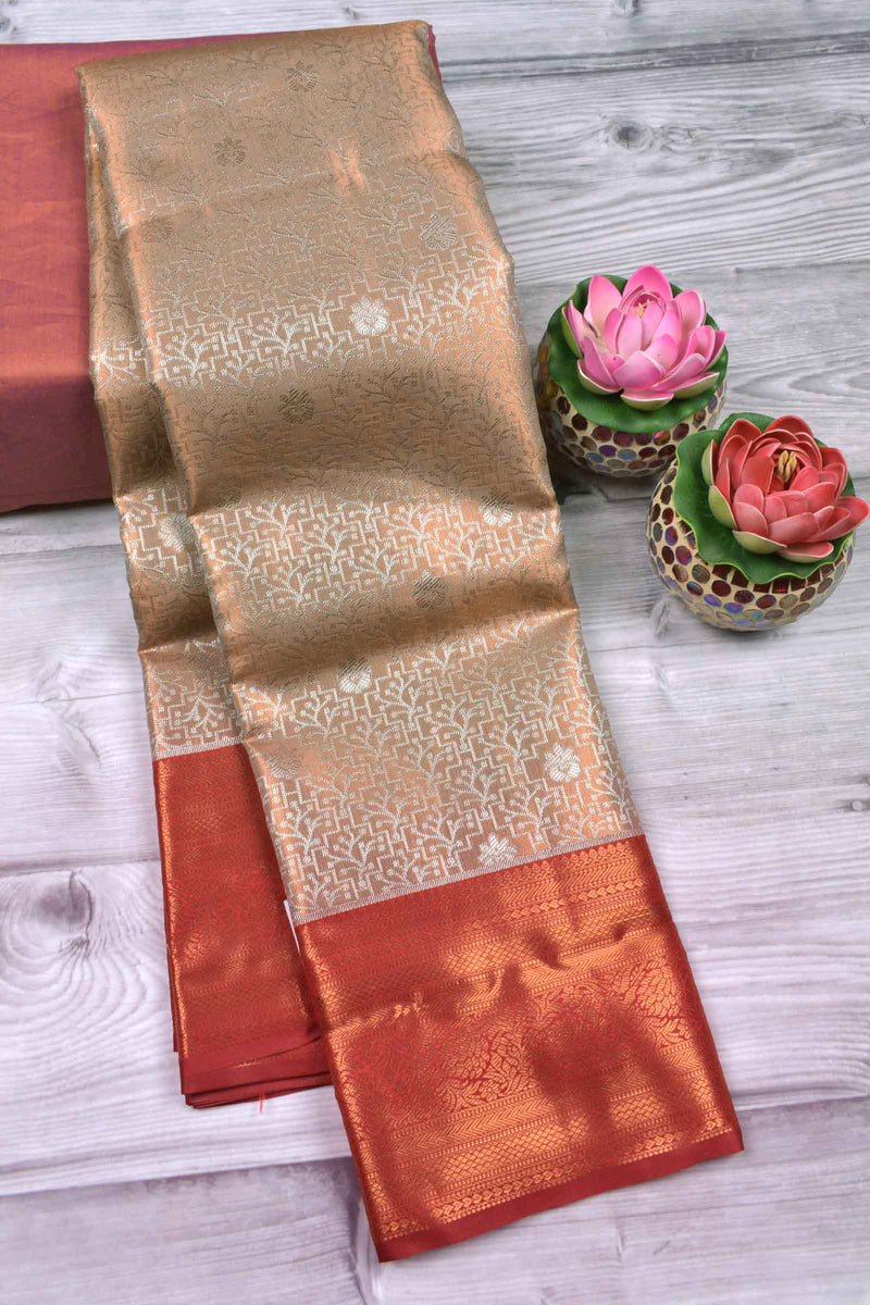 Peach With Silver Semi Silk Fancy Design Contrast Maroon Border Tissue Saree