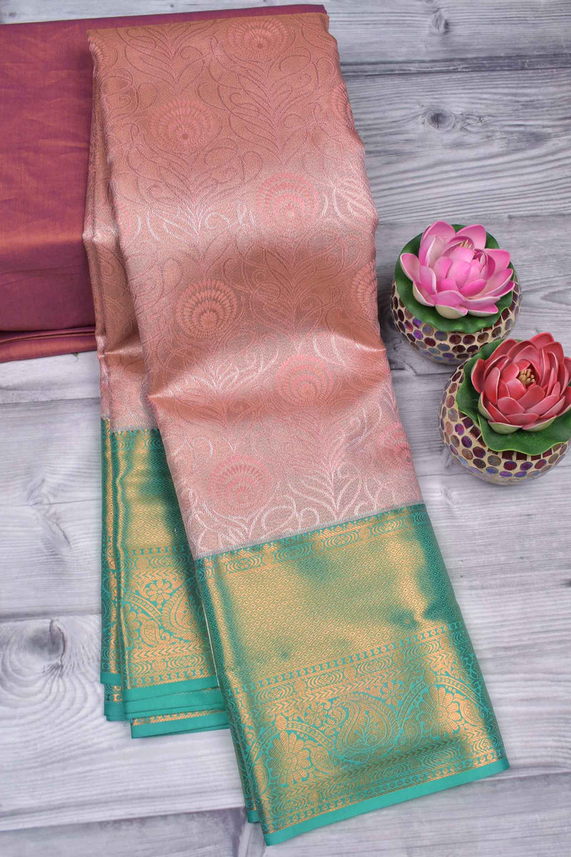 Baby Pink Semi Silk Tissue Fancy Jacquard Contrast Green Border Saree