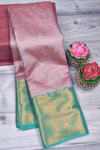 Violet Semi Silk Fancy Jacquard Contrast Green Border Tissue Saree