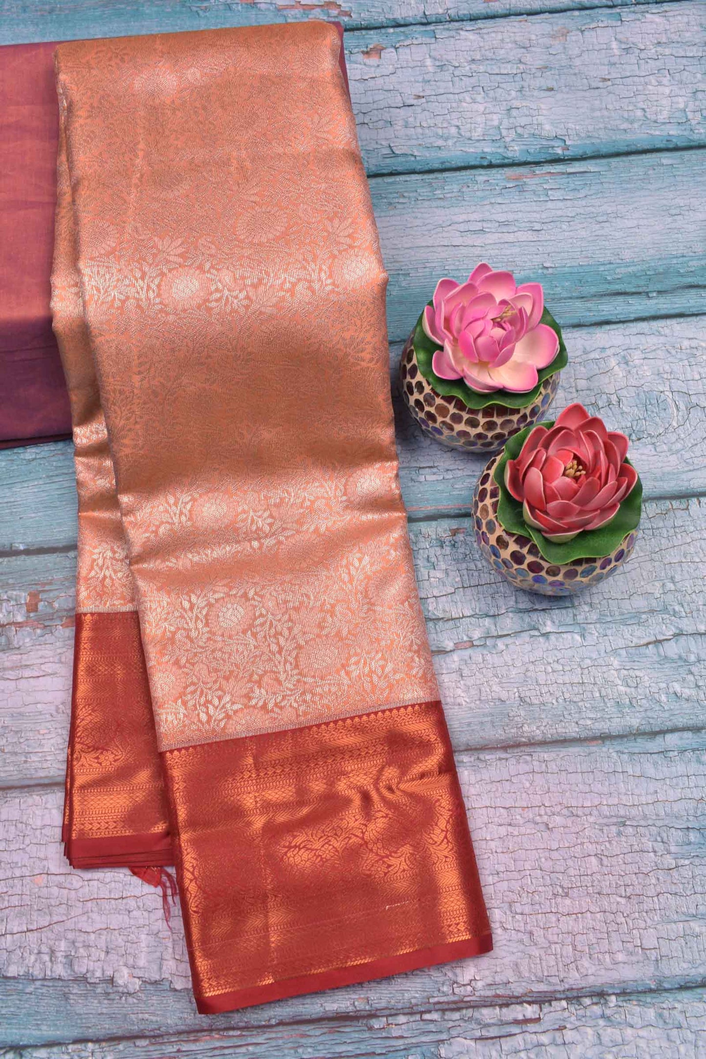 Peach Semi Silk Fancy Design Contrast Maroon Border Tissue Saree