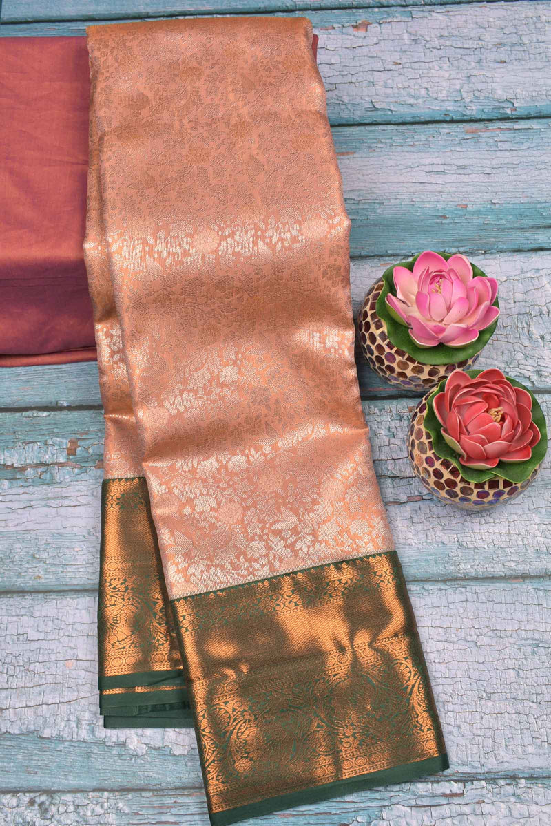 Peach With Silver Semi Silk Fancy Jacquard Contrast Green Border Tissue Saree