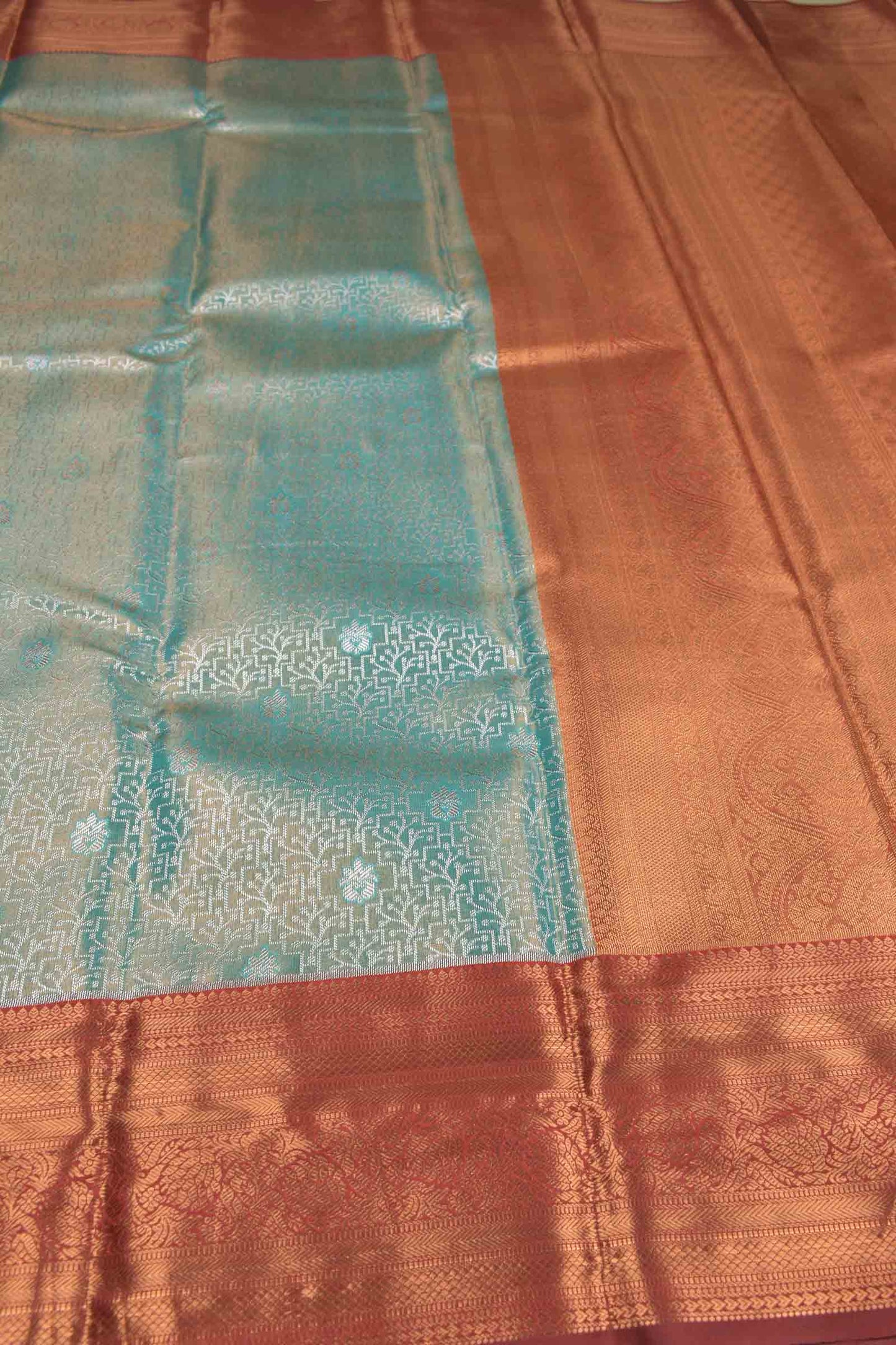 Light Green With Blue Shade Semi Silk Fancy Jacquard Contrast Maroon Border Tissue Saree