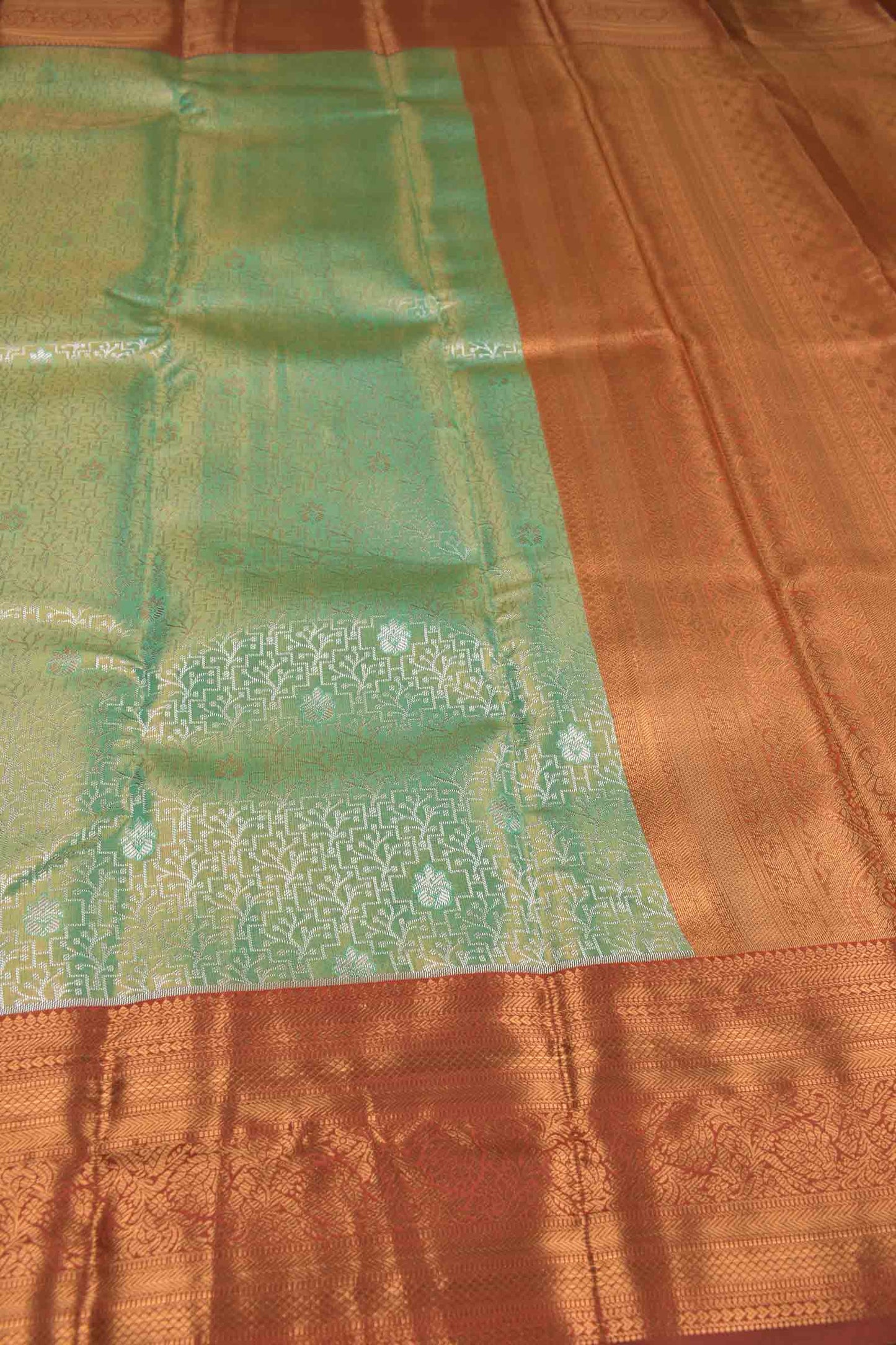 Light Green With Silver Semi Silk Fancy Jacquard Contrast Maroon Border Tissue Saree