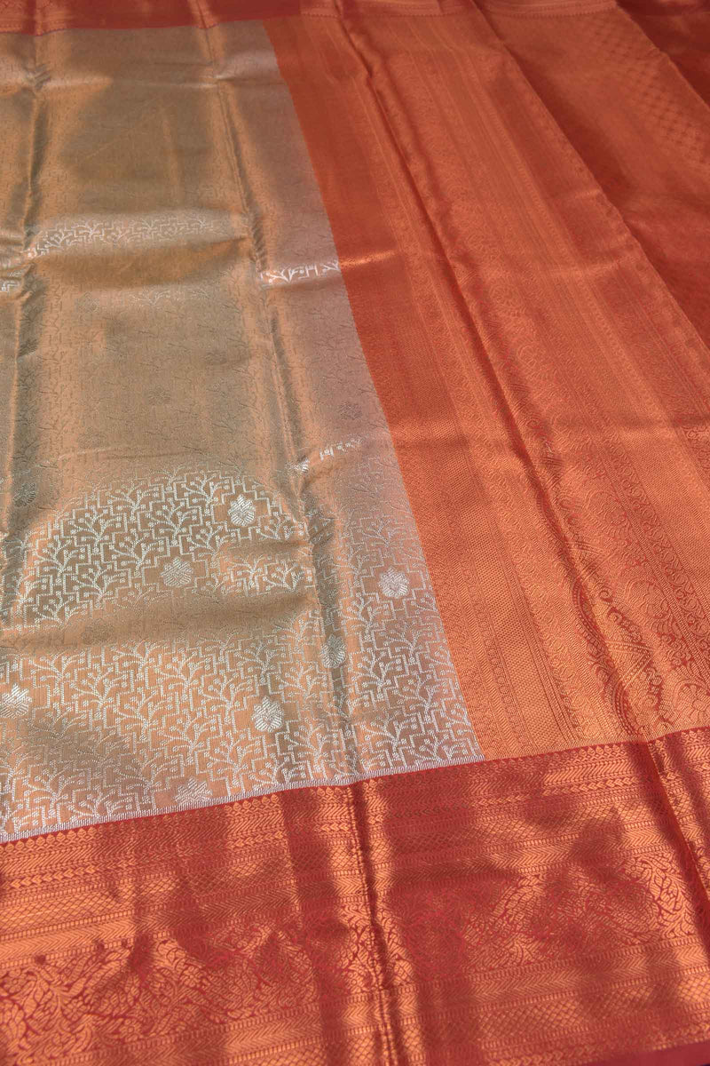 Peach With Silver Semi Silk Fancy Design Contrast Maroon Border Tissue Saree