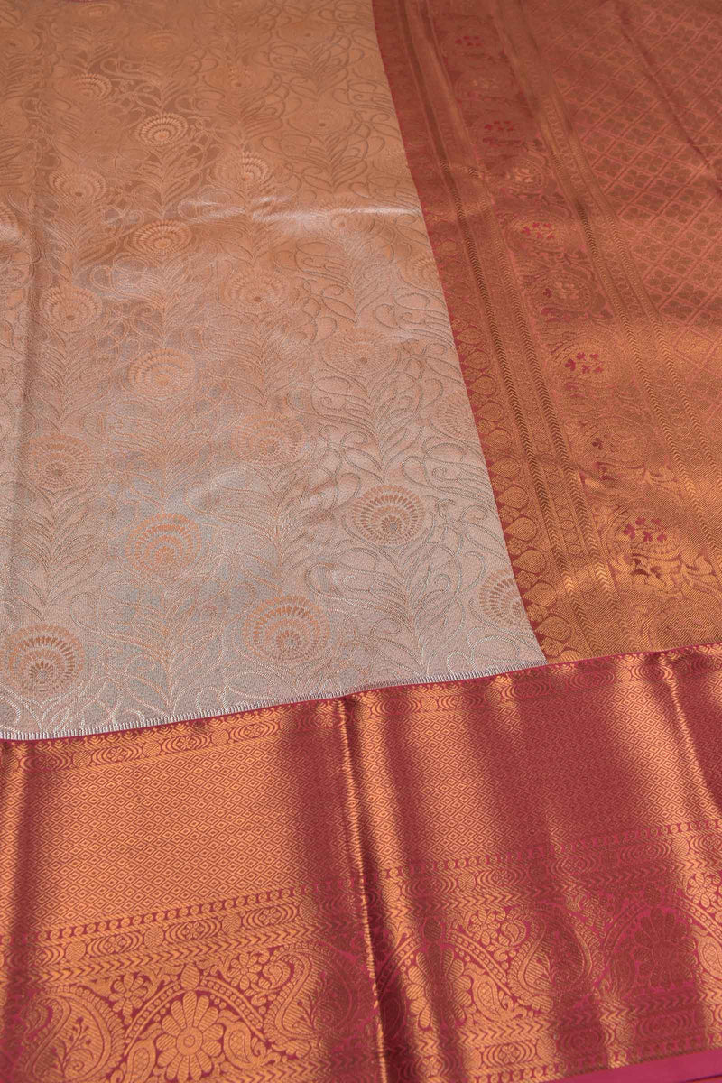 Peach Semi Silk Rich Jacquard Contrast Pink Border Tissue Saree