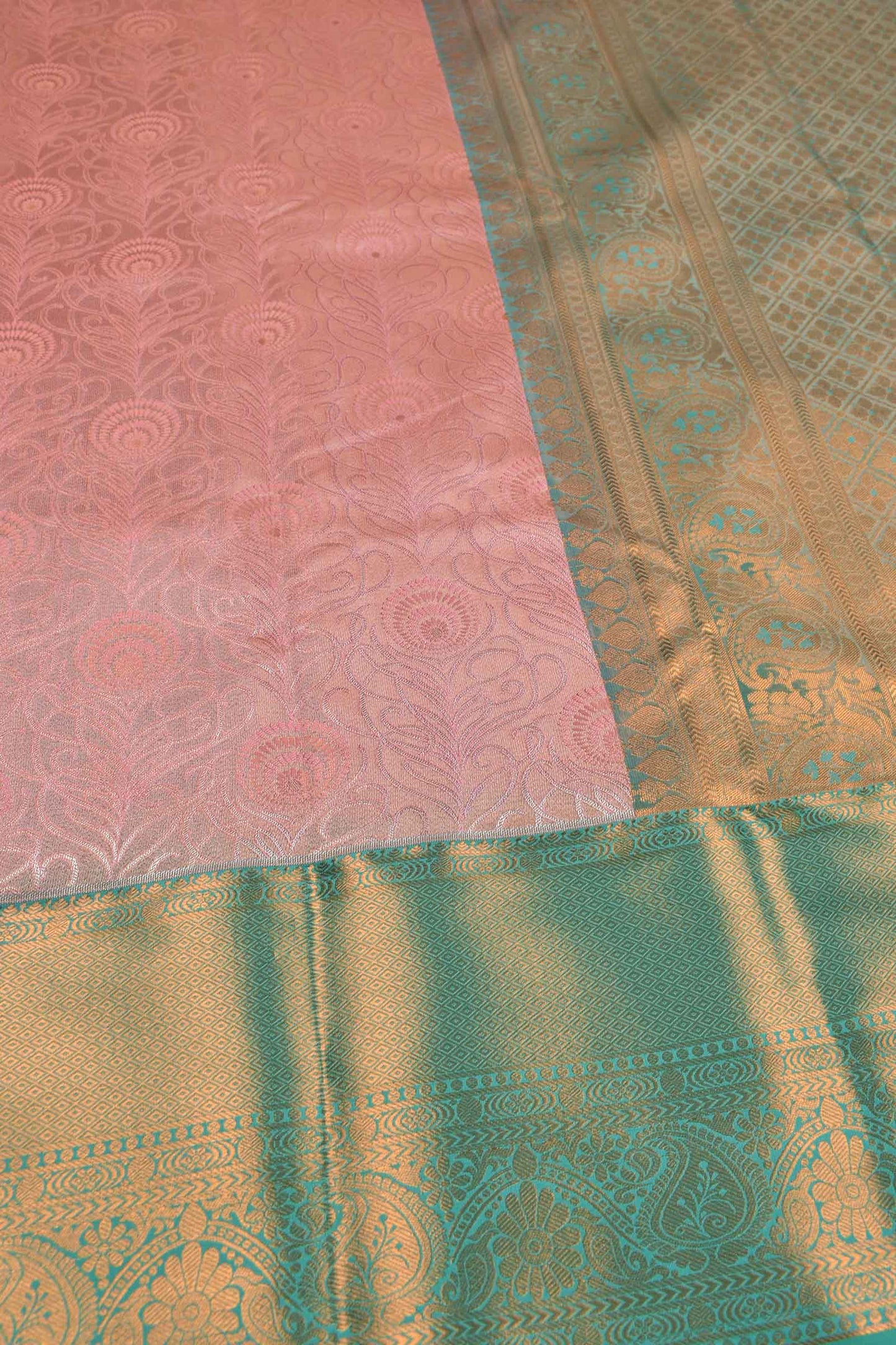 Baby Pink Semi Silk Tissue Fancy Jacquard Contrast Green Border Saree