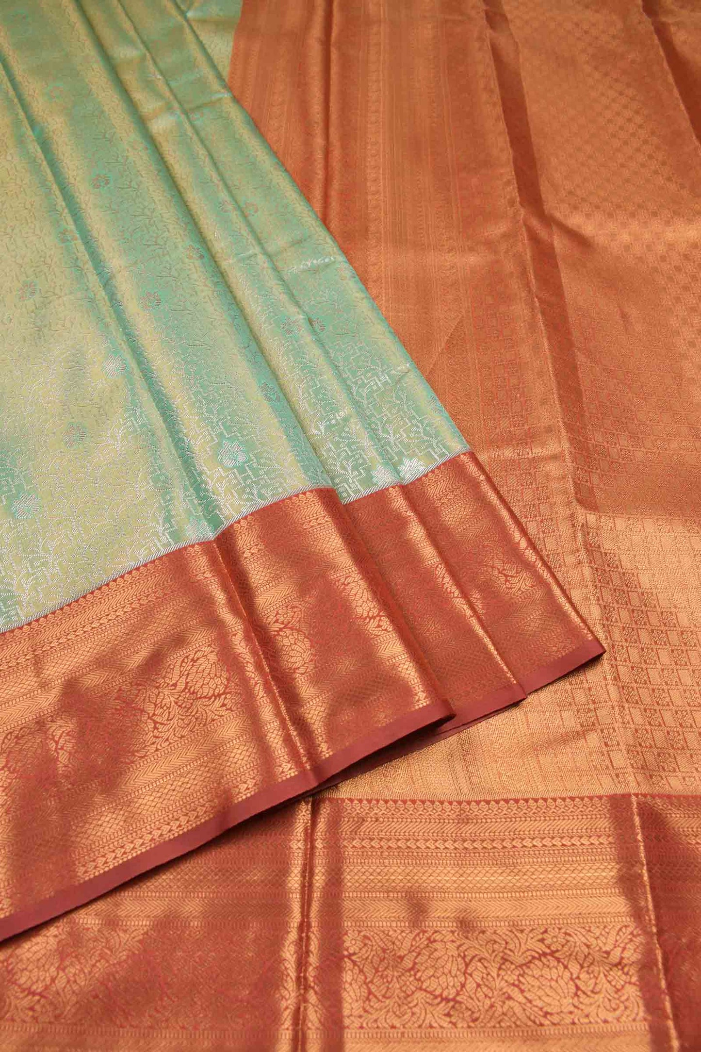 Light Green With Silver Semi Silk Fancy Jacquard Contrast Maroon Border Tissue Saree