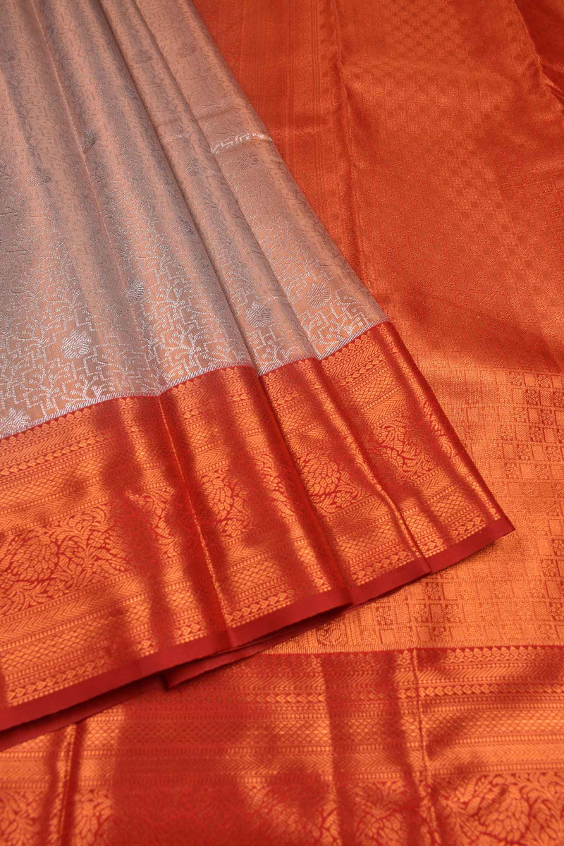 Peach With Silver Semi Silk Fancy Design Contrast Maroon Border Tissue Saree