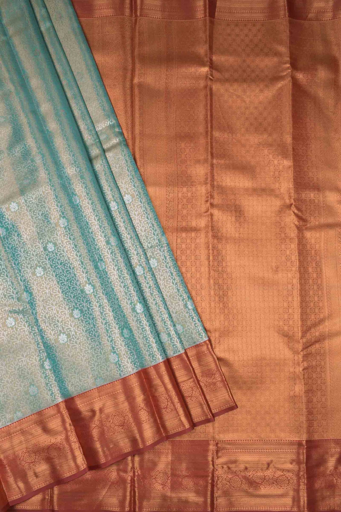 Light Green With Blue Shade Semi Silk Fancy Jacquard Contrast Maroon Border Tissue Saree