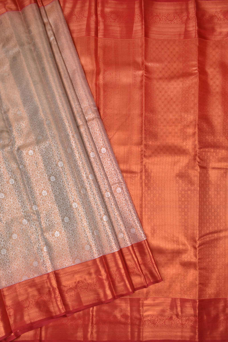 Peach With Silver Semi Silk Fancy Design Contrast Maroon Border Tissue Saree