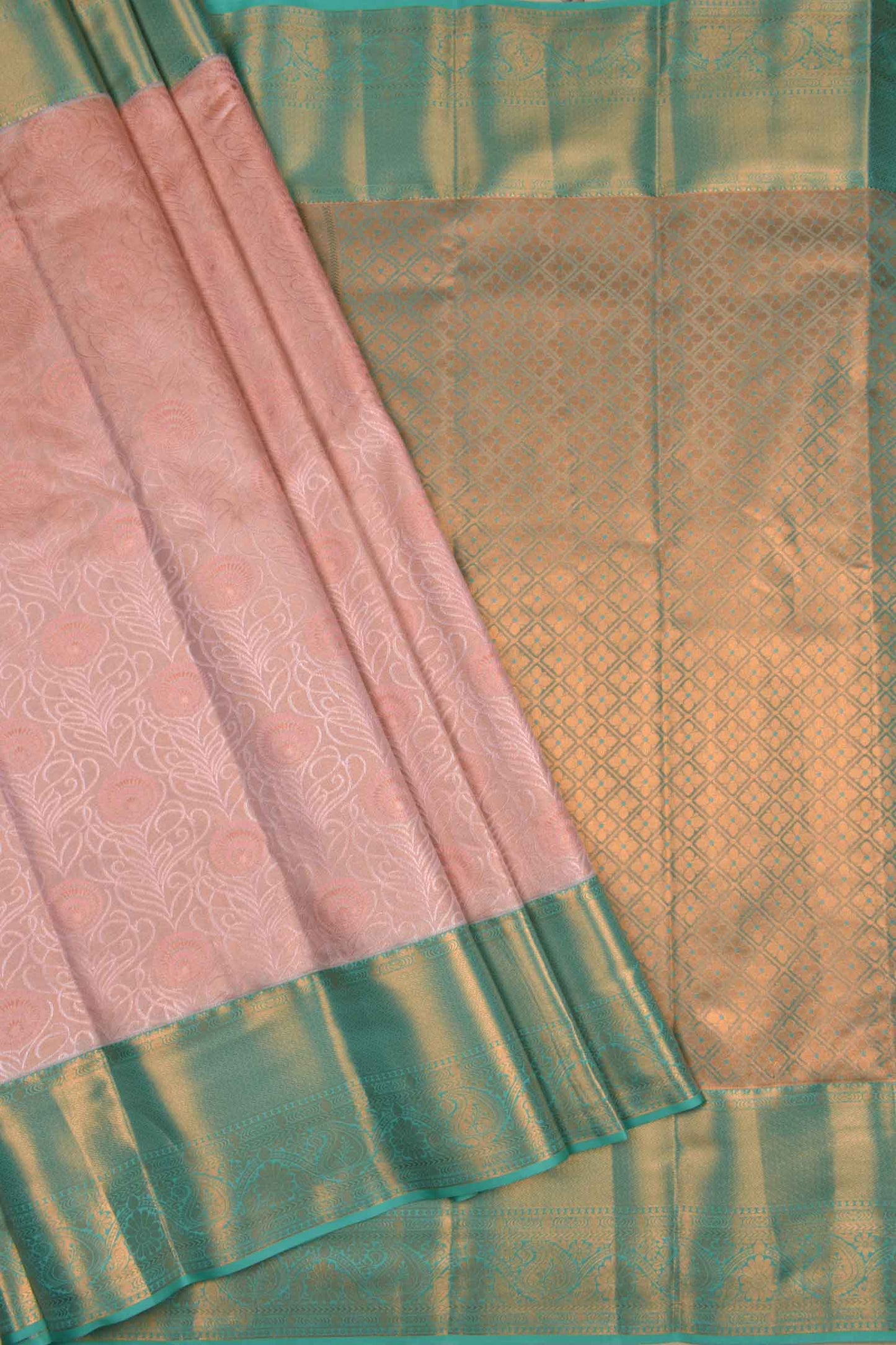 Baby Pink Semi Silk Tissue Fancy Jacquard Contrast Green Border Saree