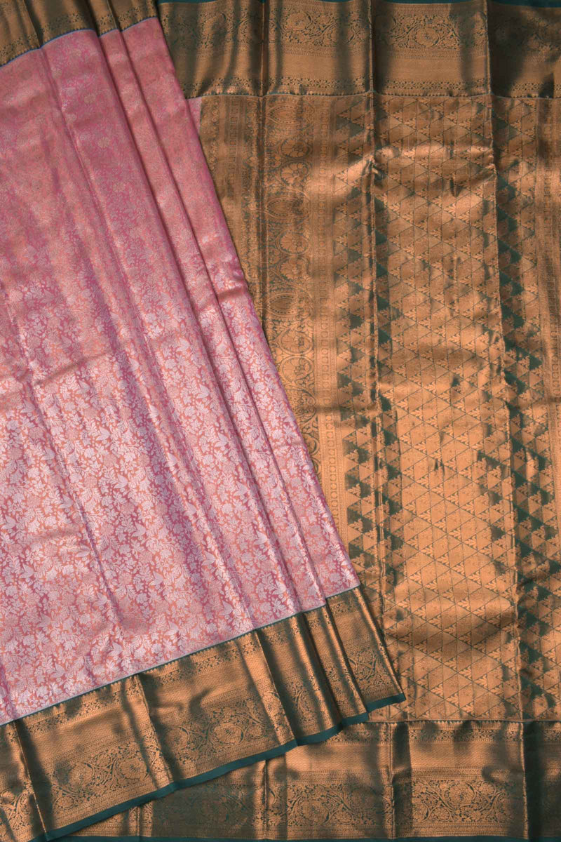 Pink With Silver Semi Silk Rich Jacquard Contrast Green Border Tissue Saree