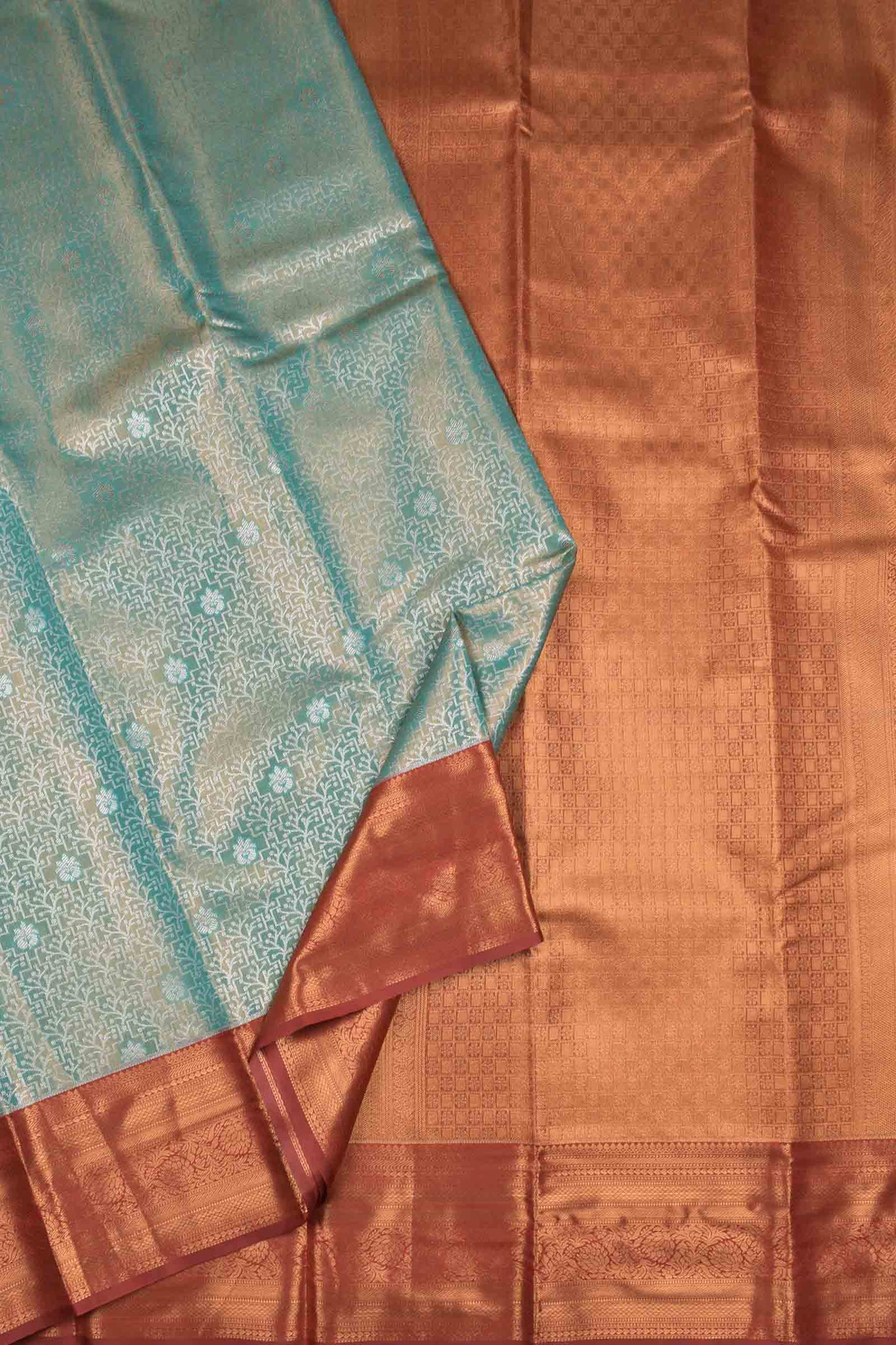 Light Green With Blue Shade Semi Silk Fancy Jacquard Contrast Maroon Border Tissue Saree