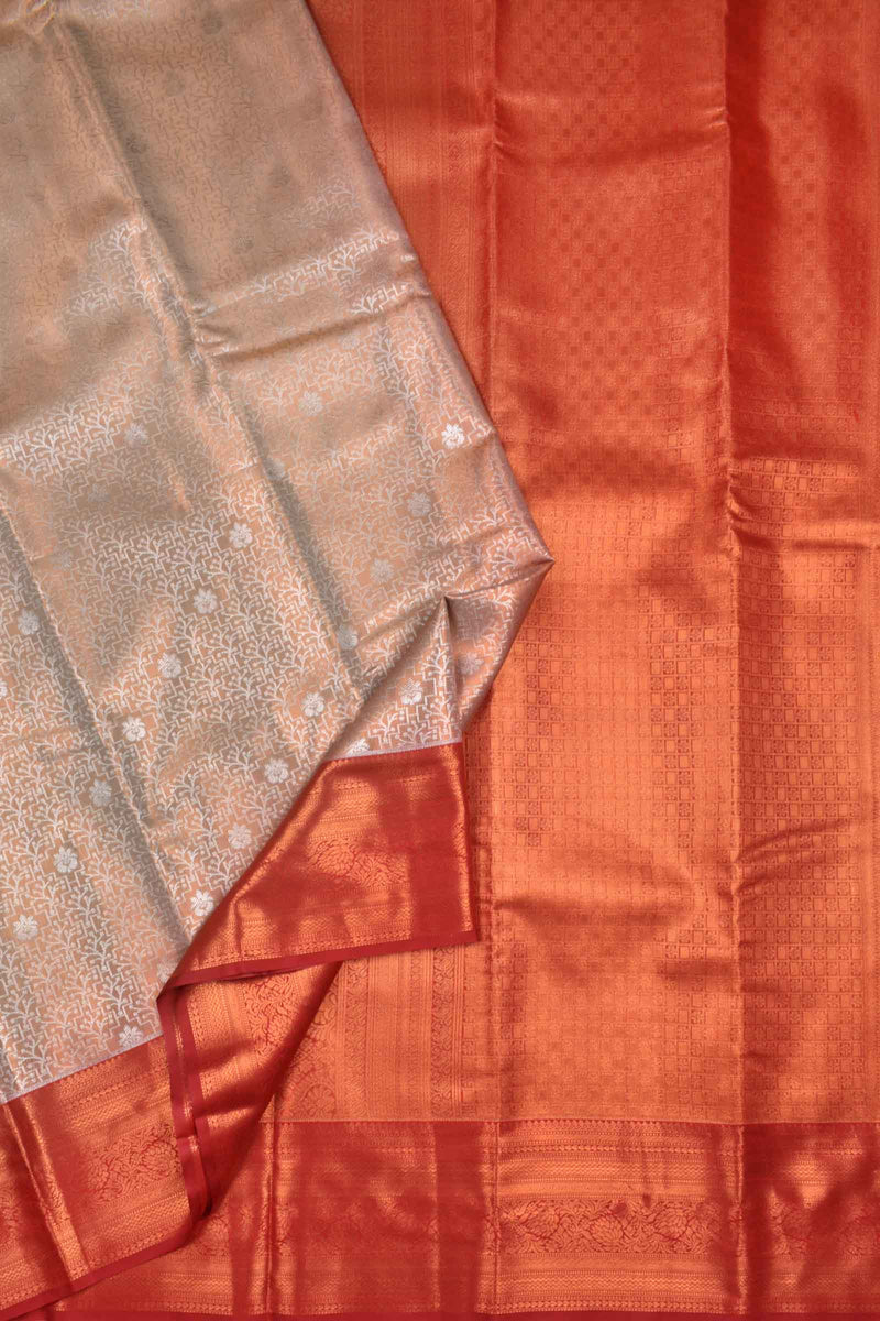 Peach With Silver Semi Silk Fancy Design Contrast Maroon Border Tissue Saree