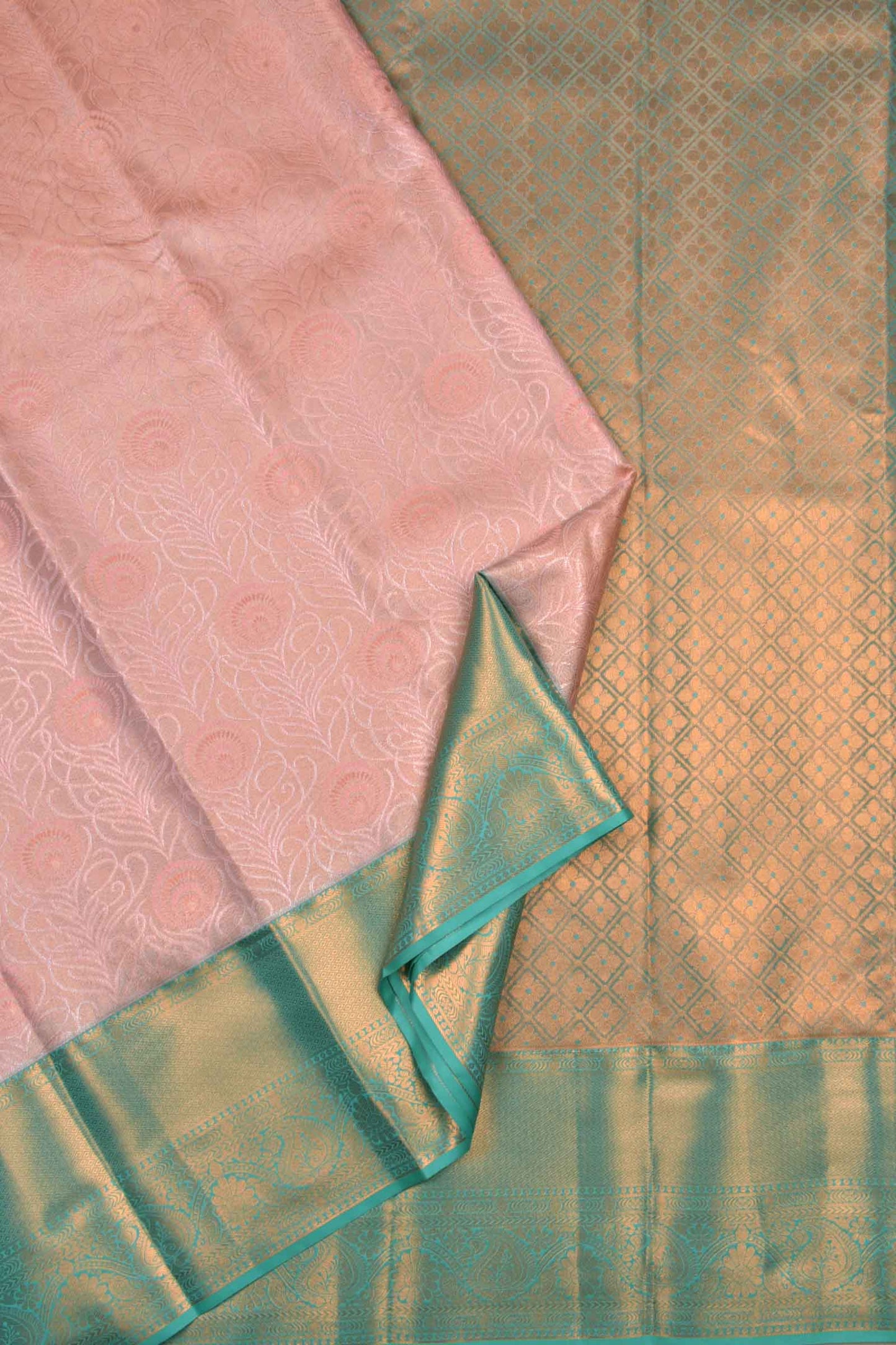 Baby Pink Semi Silk Tissue Fancy Jacquard Contrast Green Border Saree