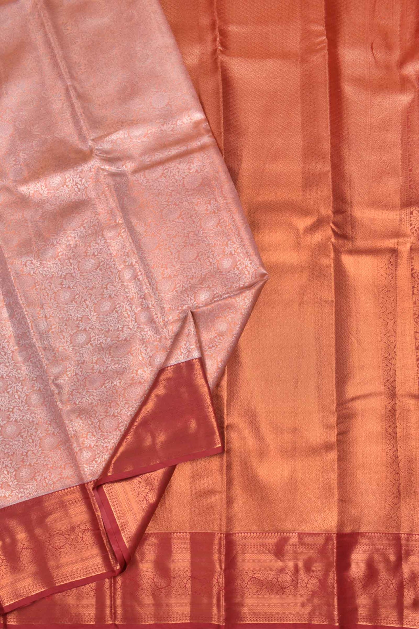 Peach Semi Silk Fancy Design Contrast Maroon Border Tissue Saree