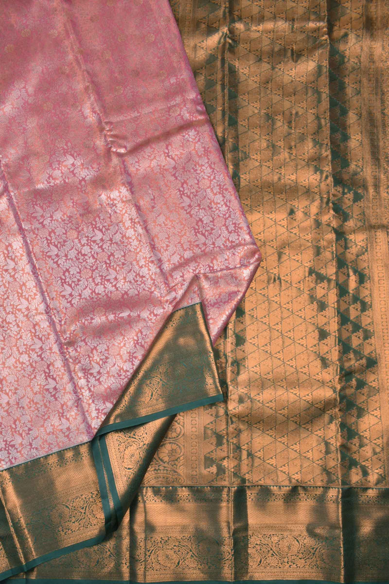 Pink With Silver Semi Silk Rich Jacquard Contrast Green Border Tissue Saree