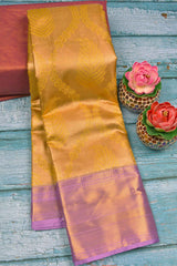 Mustard Yellow Semi Silk Tissue Floral Ferns Design Violet Zari Border Saree