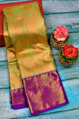 Golden Yellow Semi Silk Tissue Green Feathers Contrast Purple Border Saree