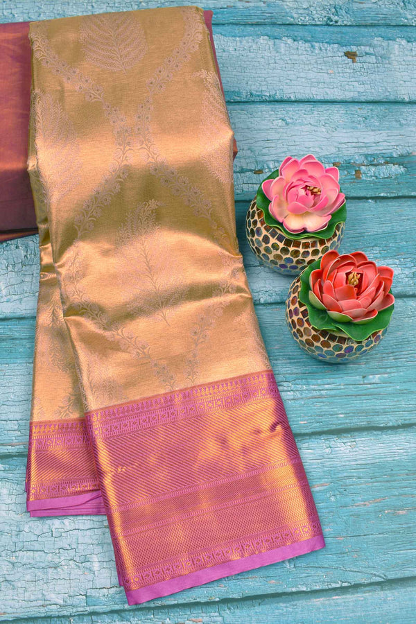 Light Brown With Gold Semi Silk Tissue Floral Feathers Violet Zari Border Saree