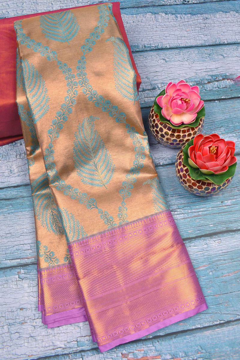 Golden Blue Semi Silk Tissue  Feathers Design Violet Zari Border Saree