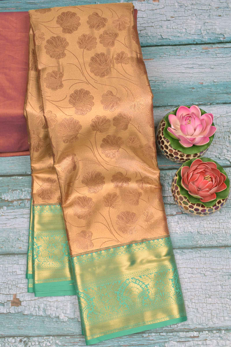 Golden Semi Silk Tissue All Over Floral Design Green Zari Border Saree