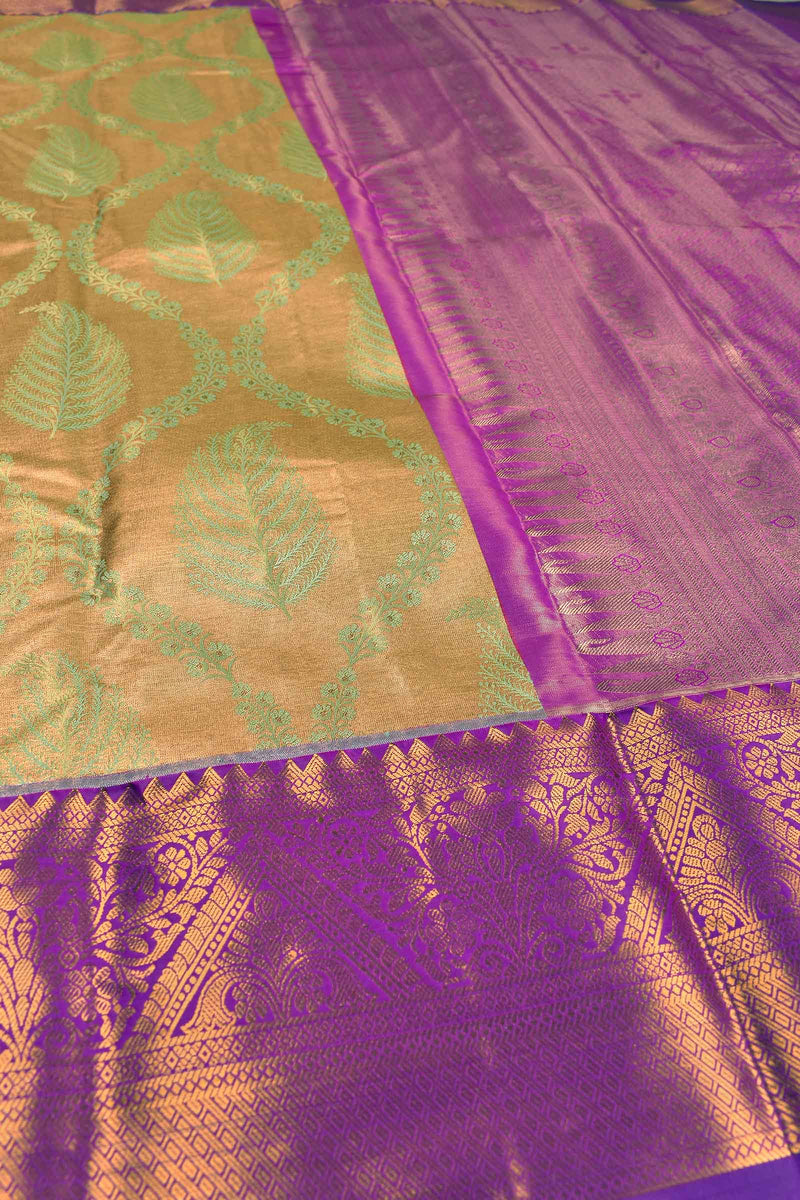 Golden Yellow Semi Silk Tissue Green Feathers Contrast Purple Border Saree