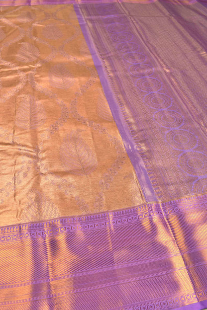 Light Brown With Gold Semi Silk Tissue Floral Feathers Violet Zari Border Saree