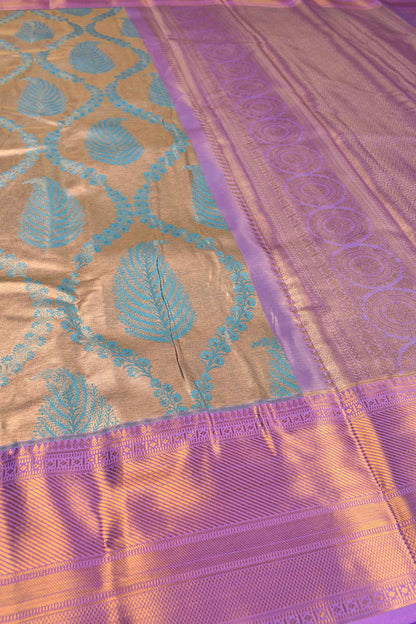 Golden Blue Semi Silk Tissue  Feathers Design Violet Zari Border Saree