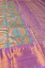 Golden Blue Semi Silk Tissue  Feathers Design Violet Zari Border Saree