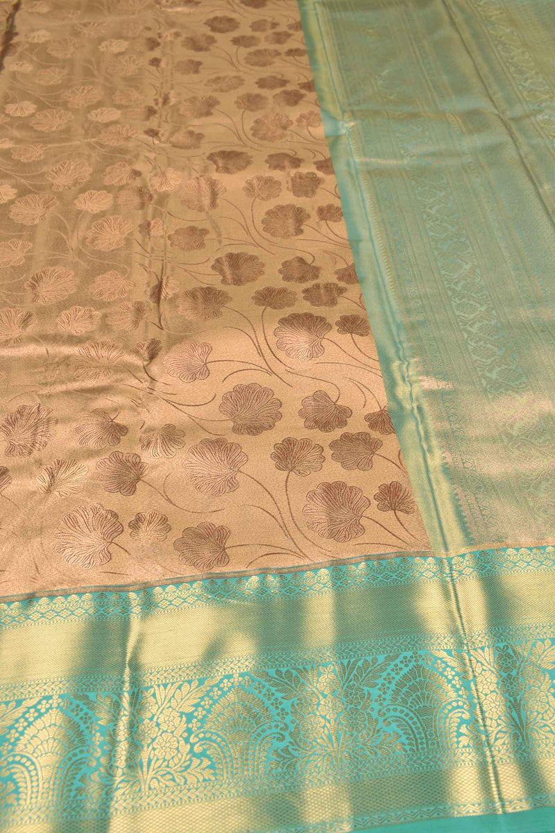 Golden Semi Silk Tissue All Over Floral Design Green Zari Border Saree