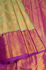 Golden Yellow Semi Silk Tissue Green Feathers Contrast Purple Border Saree