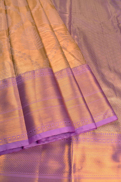 Light Brown With Gold Semi Silk Tissue Floral Feathers Violet Zari Border Saree