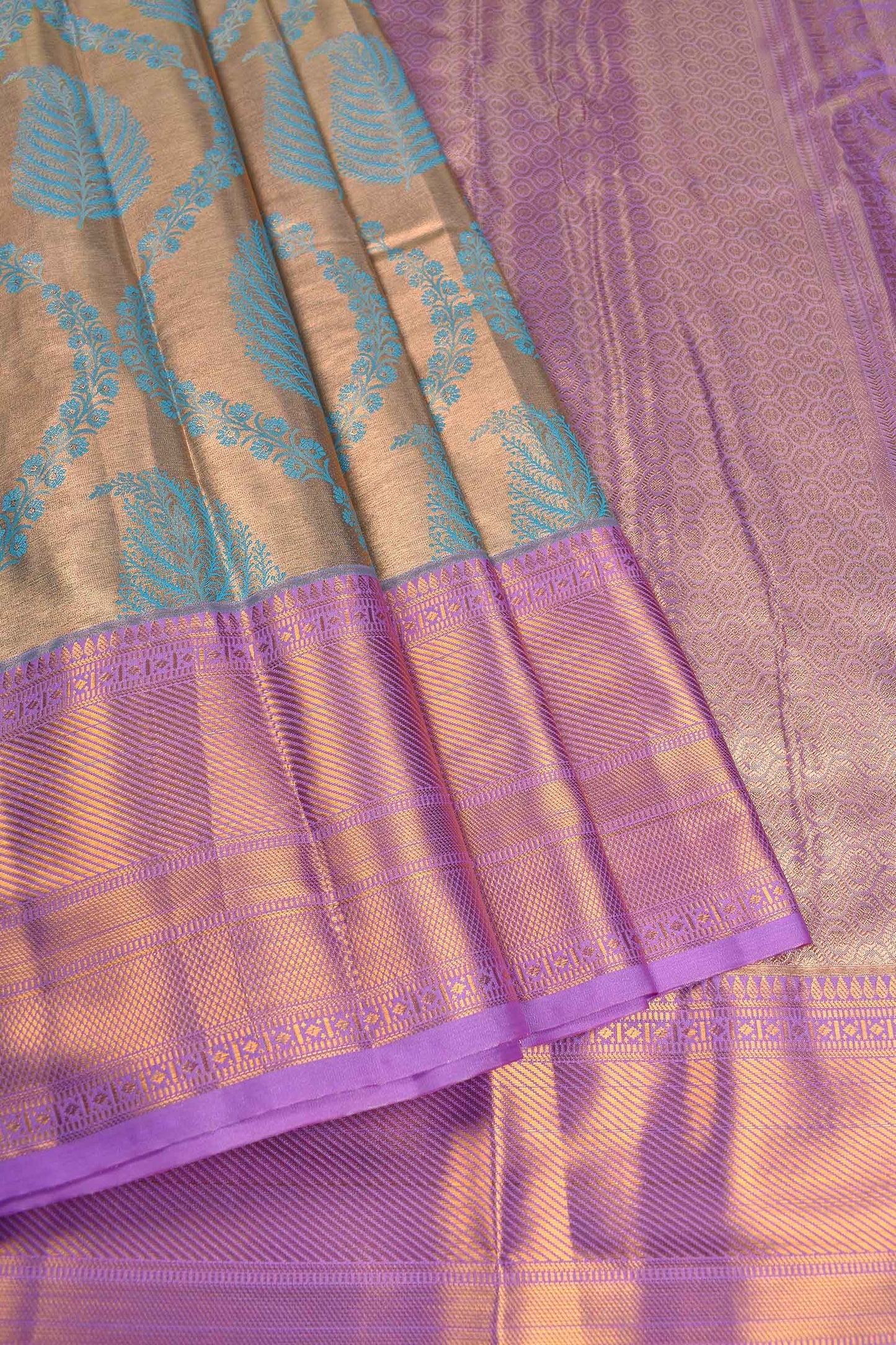 Golden Blue Semi Silk Tissue  Feathers Design Violet Zari Border Saree