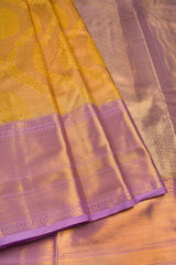 Mustard Yellow Semi Silk Tissue Floral Ferns Design Violet Zari Border Saree