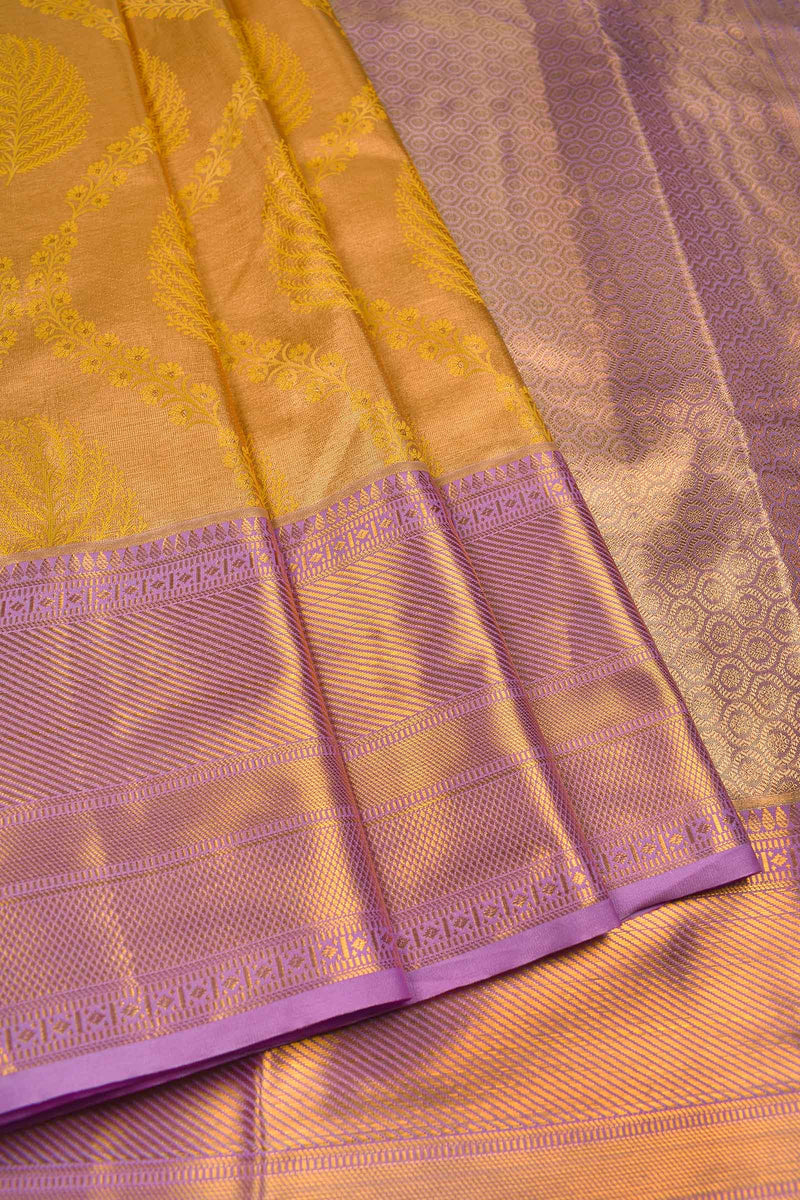 Mustard Yellow Semi Silk Tissue Floral Ferns Design Violet Zari Border Saree