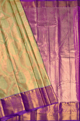 Golden Yellow Semi Silk Tissue Green Feathers Contrast Purple Border Saree