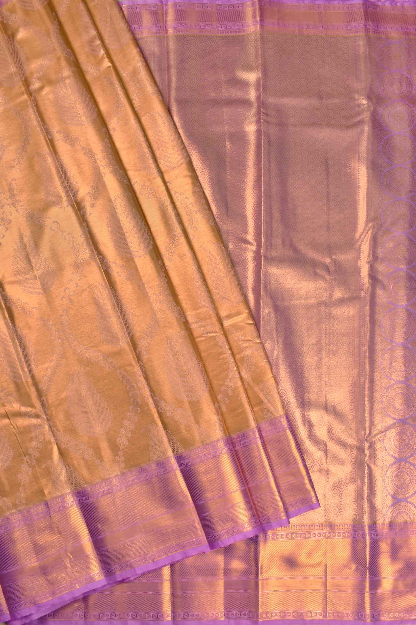 Light Brown With Gold Semi Silk Tissue Floral Feathers Violet Zari Border Saree