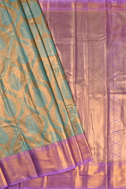 Golden Blue Semi Silk Tissue  Feathers Design Violet Zari Border Saree